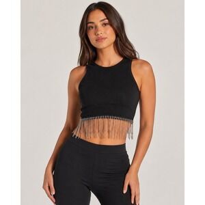 Windsor Black Rhinestone Fringe Crop Top Womens Juniors L Sleeveless Party Y2K